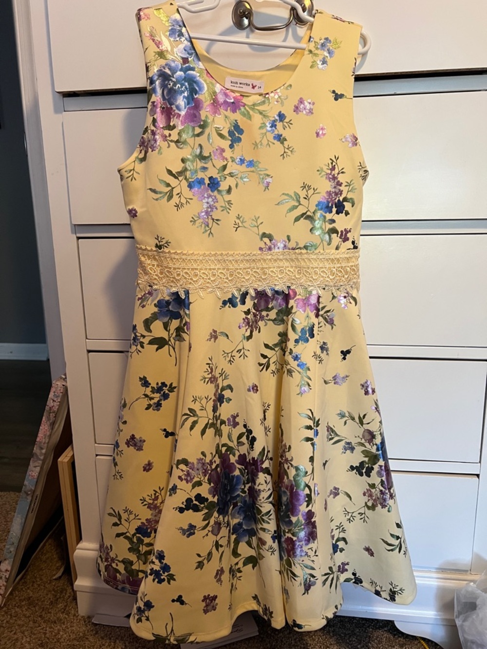 Knitworks Yellow Floral Lace-Waist Dress